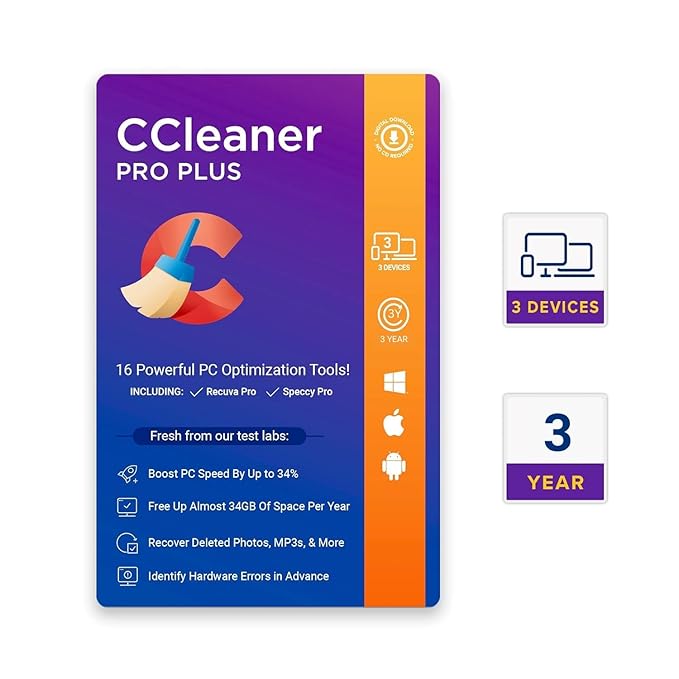 CCleaner Professional Plus| 3 Devices 3 Years | Windows PC, Mac & Android | Boost your device performance | Email Delivery in 2 hours.