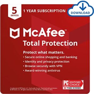 McAfee Total Protection 2022 | 5 Device | Antivirus Internet Security Software | VPN, Password Manager & Dark Web Monitoring Included | PC/Mac/Android/iOS | 1 Year Subscription | Email Delivery