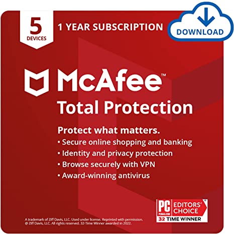 McAfee Total Protection 2022 | 5 Device | Antivirus Internet Security Software | VPN, Password Manager & Dark Web Monitoring Included | PC/Mac/Android/iOS | 1 Year Subscription | Email Delivery
